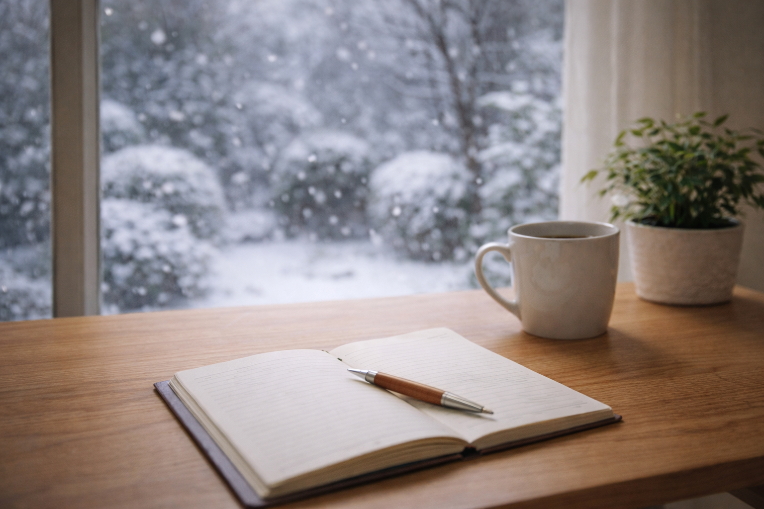 雪の日の朝のテーブル