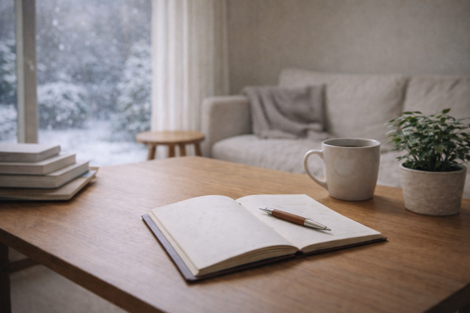 暖かな木製デスクとシンプルな空間