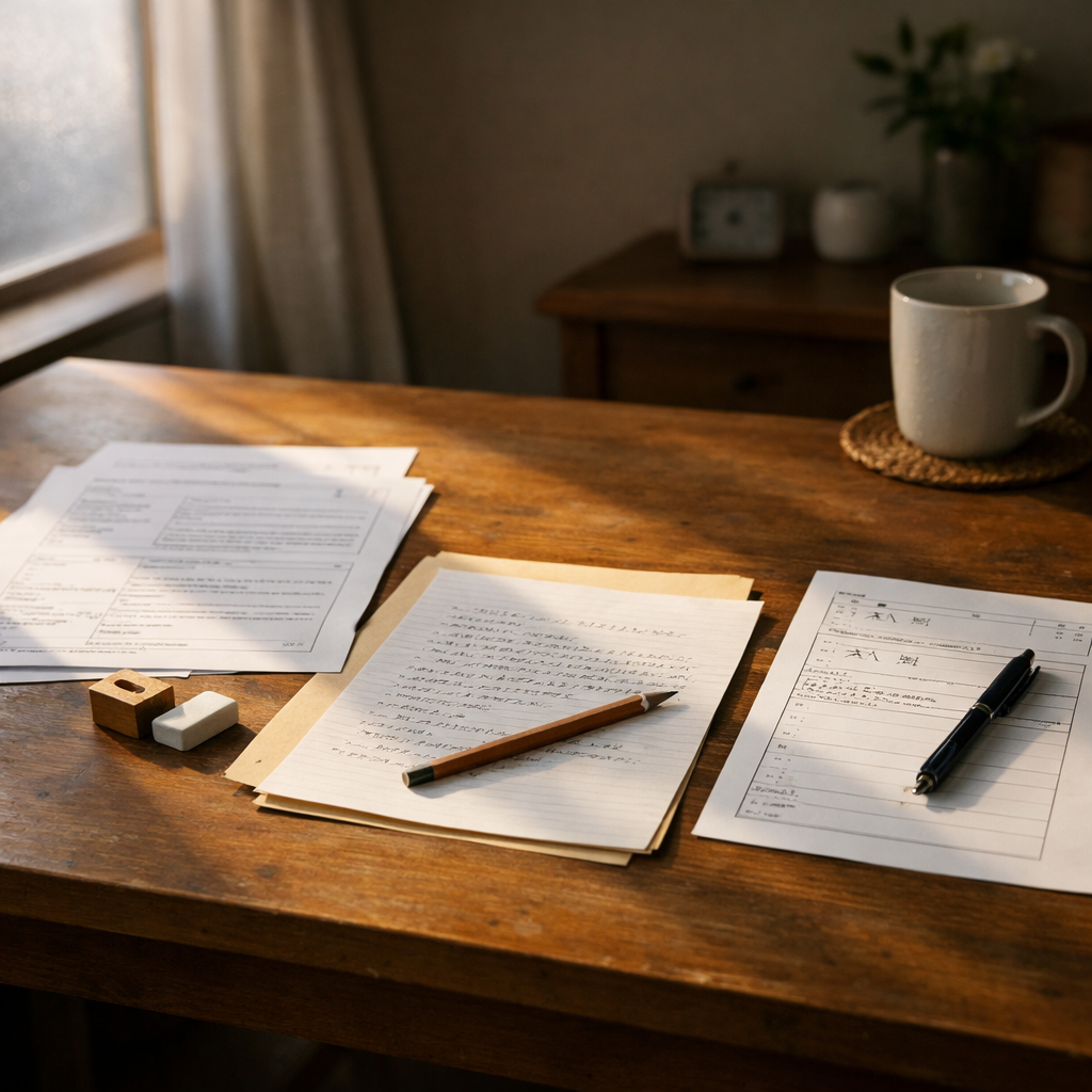 暖かな朝の陽ざしのデスク